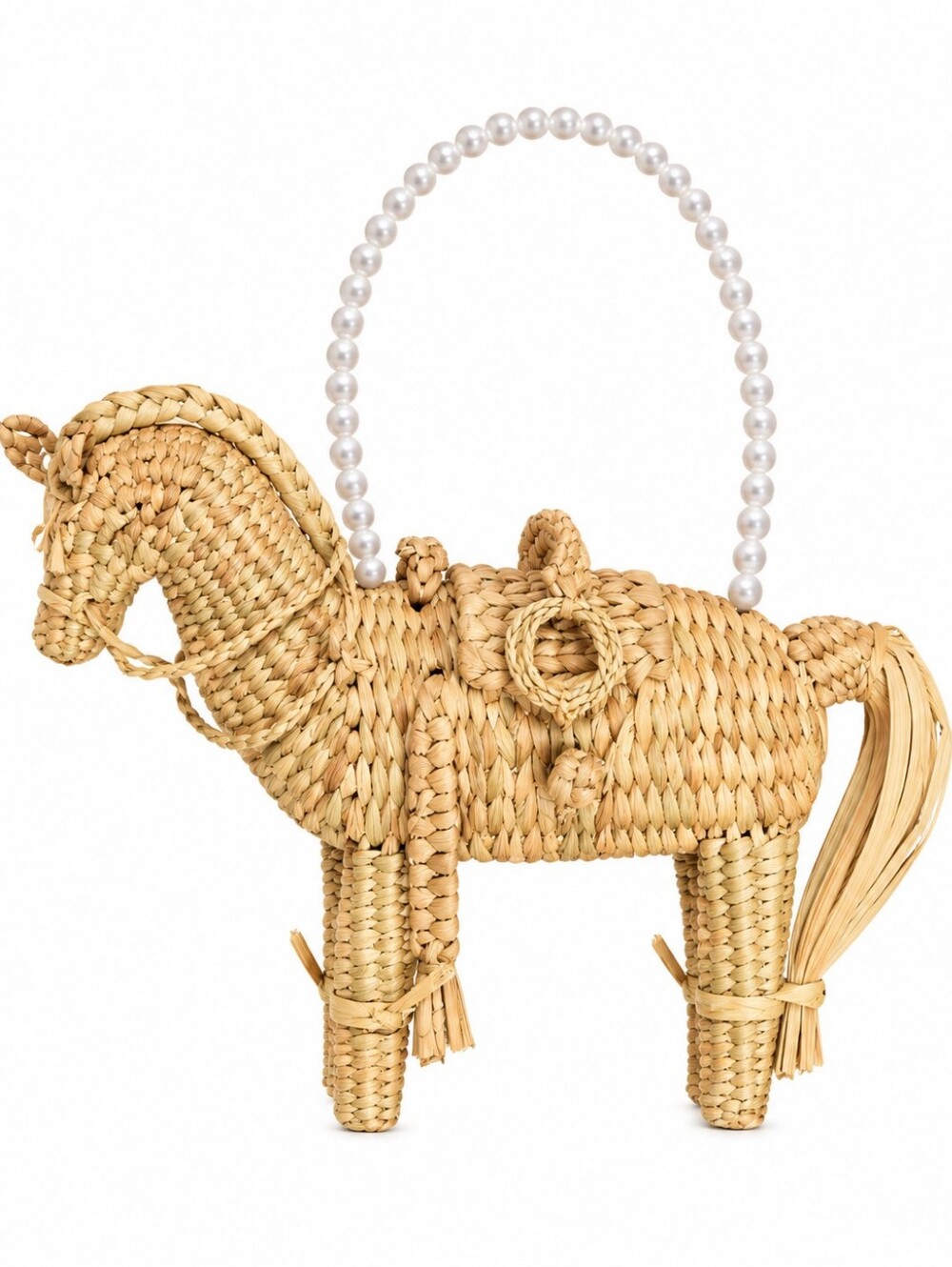 Woven Horse Straw Handbag Pearl Handle